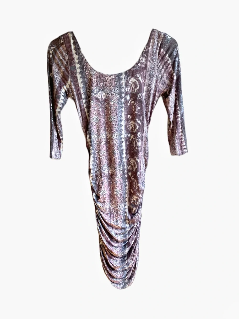 Free People Jasmine Mini Dress Size S Purple Printed Ruched Bodycon Elbow Sleeve